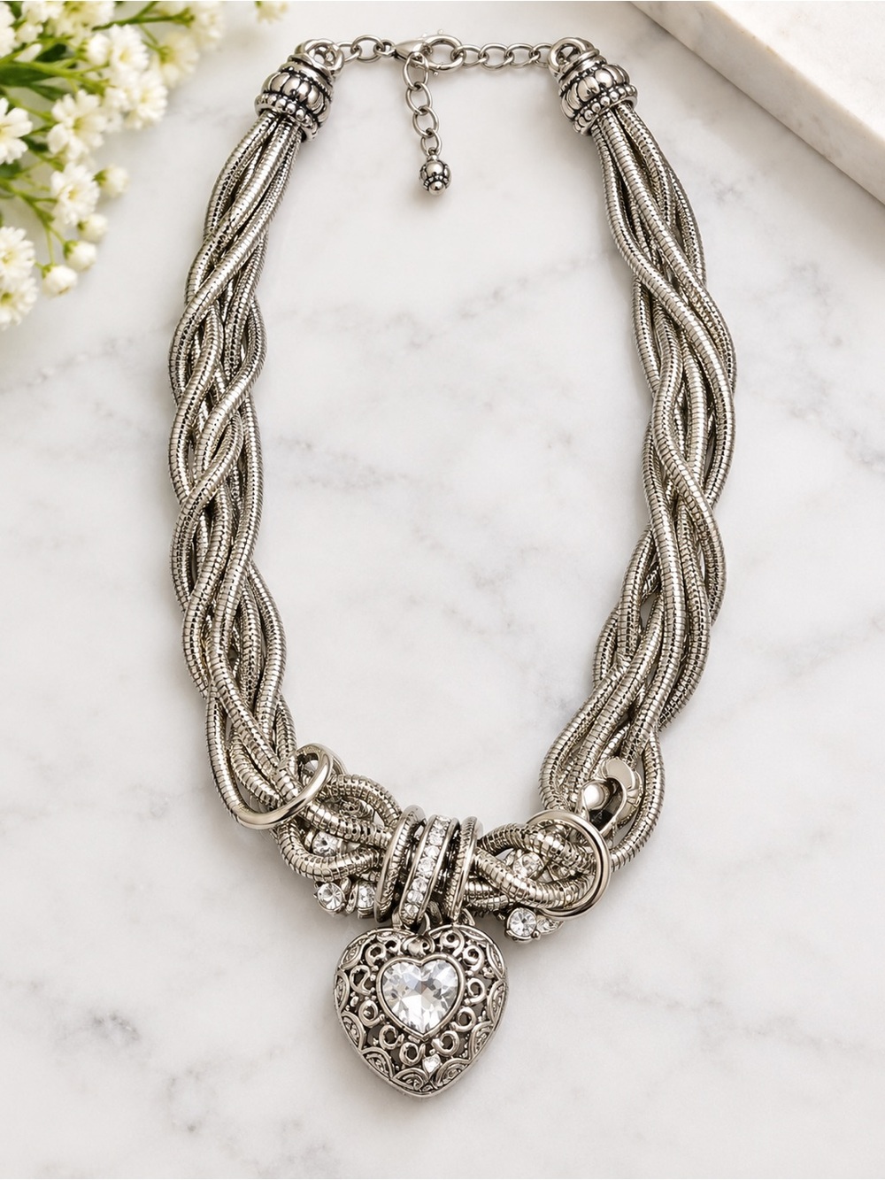 Silver-Tone Multi-Strand Necklace with Heart Pendant